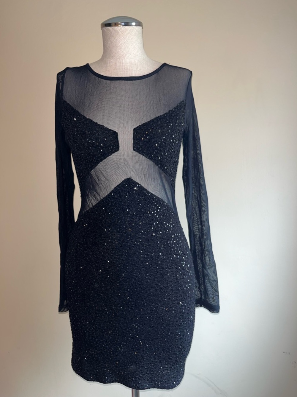 Solemio Black Sheer Sequin Long Sleeve Bodycon Dress